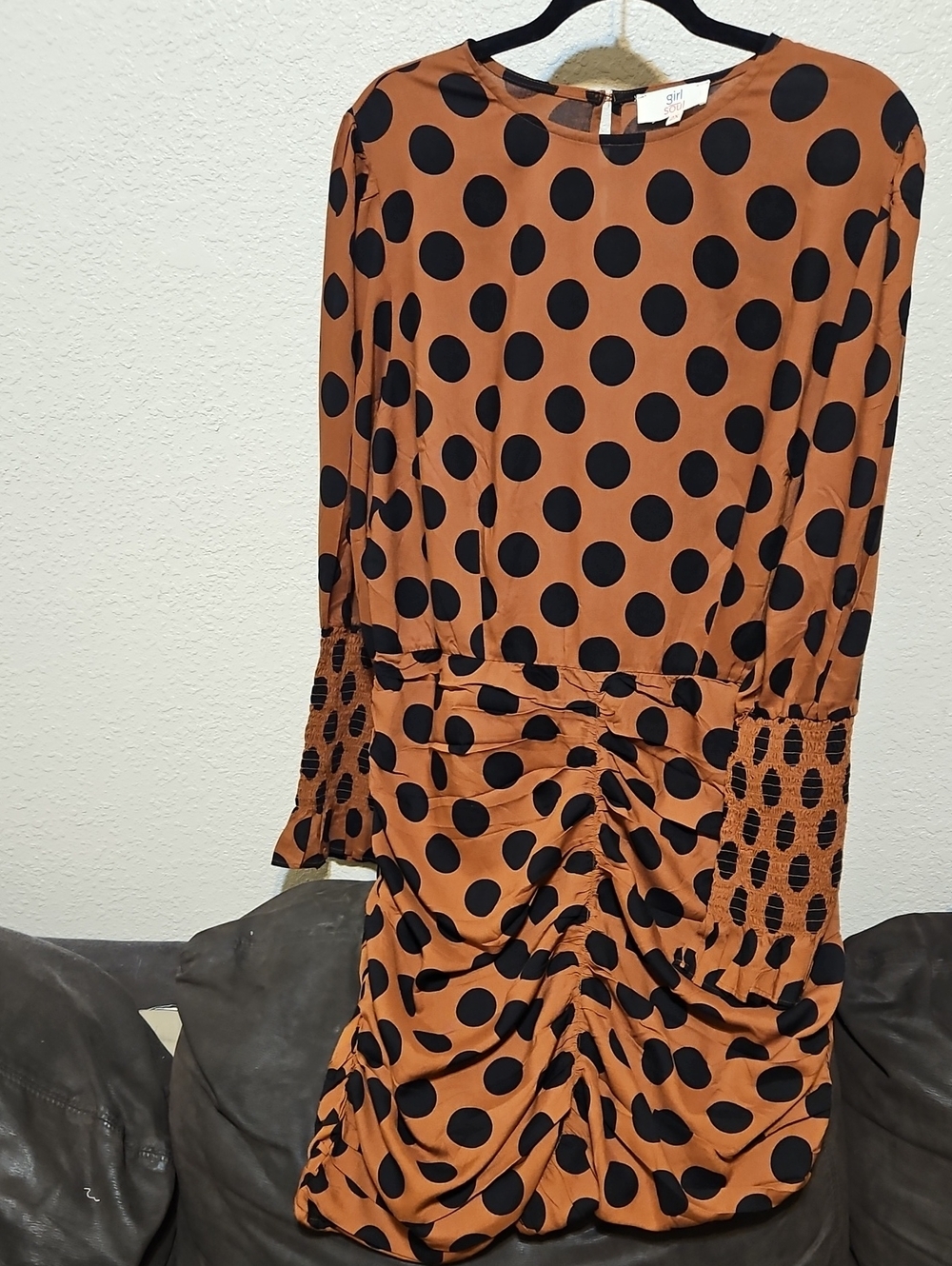 Ruched Midi Dress in Rust with Black Polka Dots